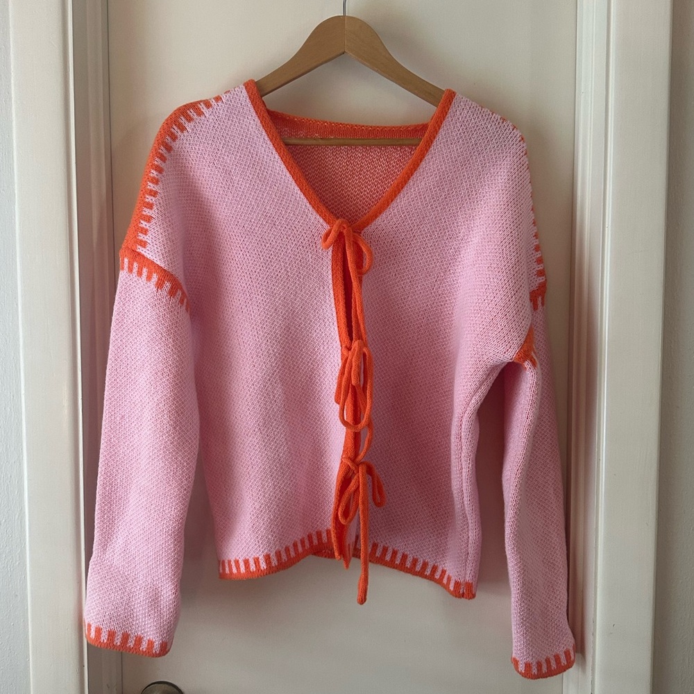 Pink and Orange Tie-Front Knit Sweater (Brand Unknown)
